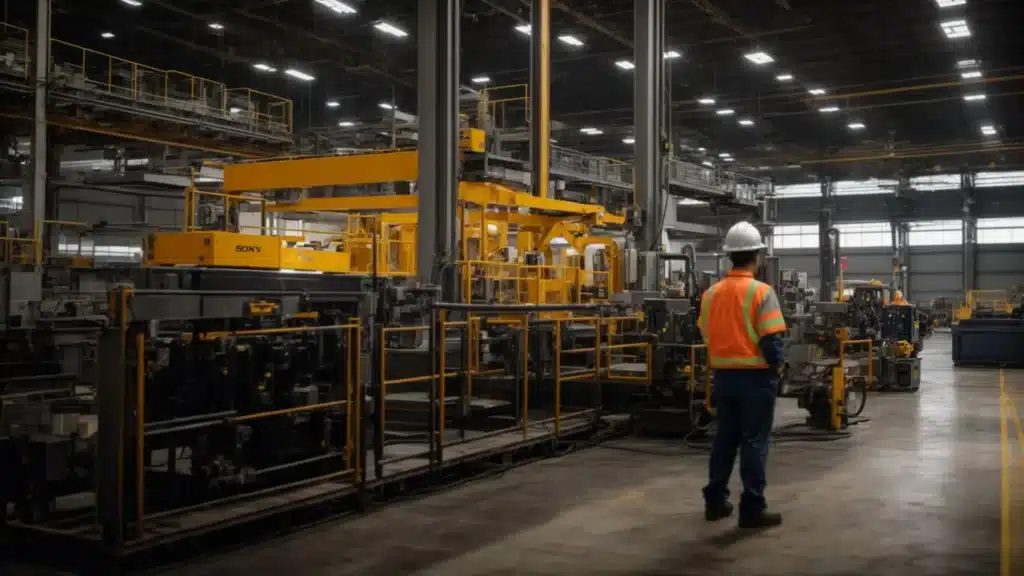 a dynamic metal fabrication facility illuminated by bright overhead lights, showcasing workers diligently adhering to safety protocols while operating advanced machinery amidst a backdrop of steel structures, emphasizing regulatory compliance and environmental sustainability.