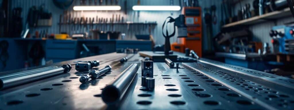 a close-up shot of an artisan-focused sheet metal fabrication workspace, showcasing precision tools, immaculate metal pieces, and a sleek workbench under bright artificial lighting, emphasizing the meticulous craftsmanship and quality standards of skilled fabricators.